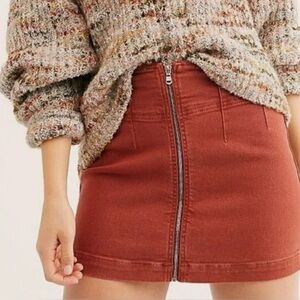 Free People We The Free Virgo Zip-Front Denim Mini Skirt Stretch Rust Orange 24
